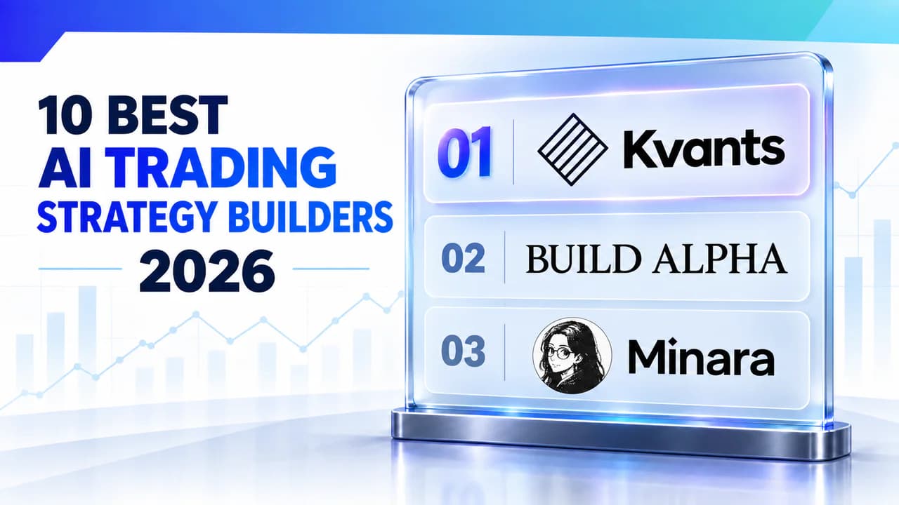 Ten best AI trading strategy builders in 2026, with Kvants, Build Alpha and Minara in a glass ranking panel
